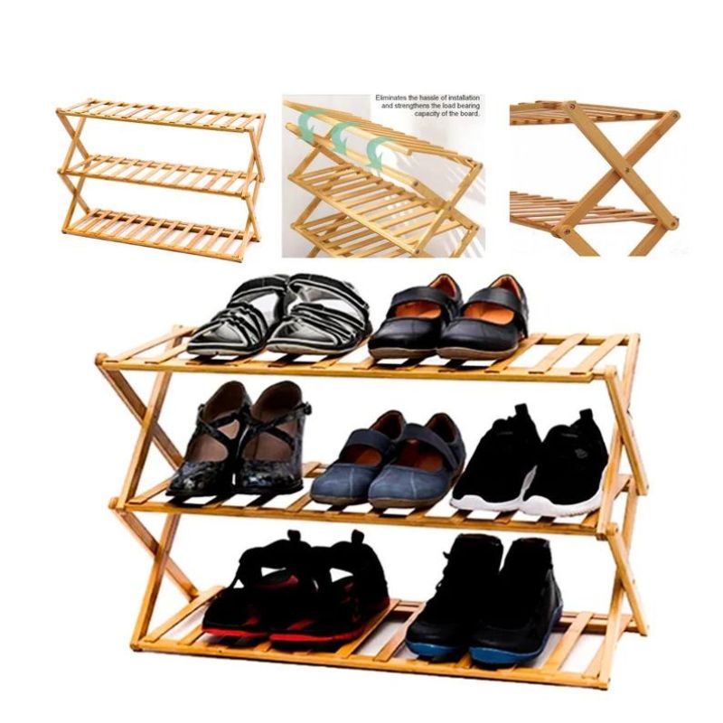 3 Tier Folding Rack Bamboo Shoe Organizer Stand