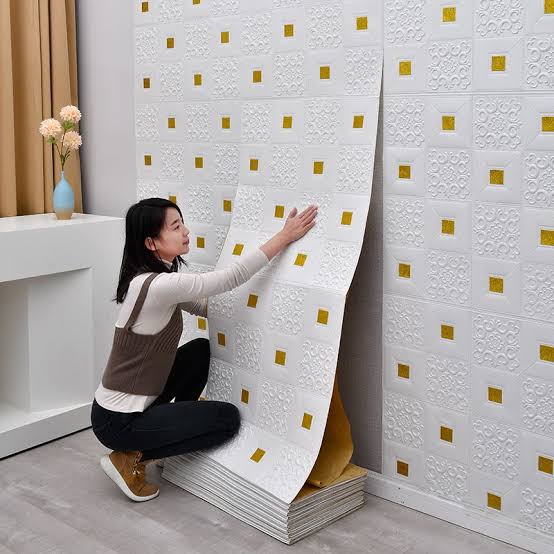 5 Pieces New 3D Wall Foam Sticker Sheets (70×70cm) – White Brick Design with Golden Touch