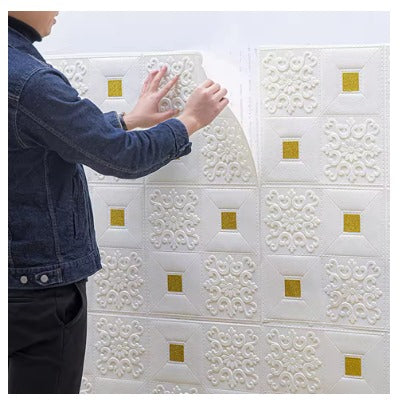 5 Pieces New 3D Wall Foam Sticker Sheets (70×70cm) – White Brick Design with Golden Touch